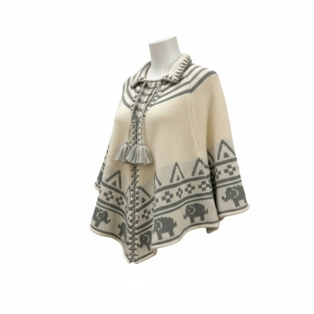 Lovestitch Elephant Knit Poncho Cape Beige Gray Tassel Boho Sweater Wrap M L